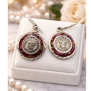 Vintage Mexican Sterling Silver Opal Inlay Aztec Calendar Earrings 925